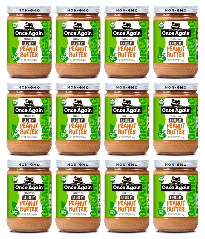 Once Again Peanut Butter 16oz Glass Jar / Case of 12 Organic Crunchy Peanut Butter - Salt Free, Unsweetened - 16 oz