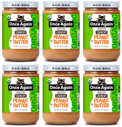 Once Again Peanut Butter 16oz Glass Jar / Case of 6 Organic Crunchy Peanut Butter - Lightly Salted, Unsweetened - 16 oz