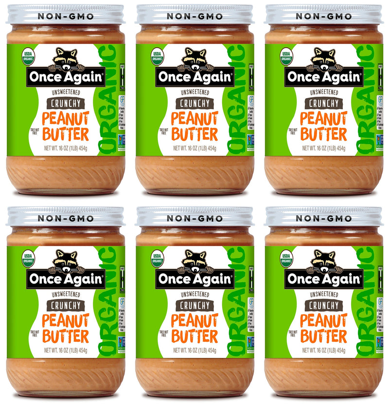 Once Again Peanut Butter 16oz Glass Jar / Case of 6 Organic Crunchy Peanut Butter - Lightly Salted, Unsweetened - 16 oz