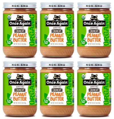 Once Again Peanut Butter 16oz Glass Jar / Case of 6 Organic Crunchy Peanut Butter - Salt Free, Unsweetened - 16 oz