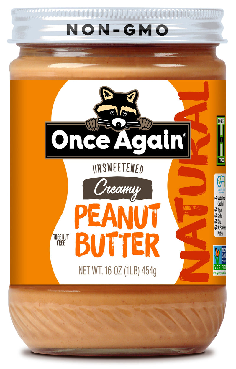 Once Again peanut butter 16oz Glass Jar / Each Natural Creamy Peanut Butter - Lightly Salted, Unsweetened - 16 oz