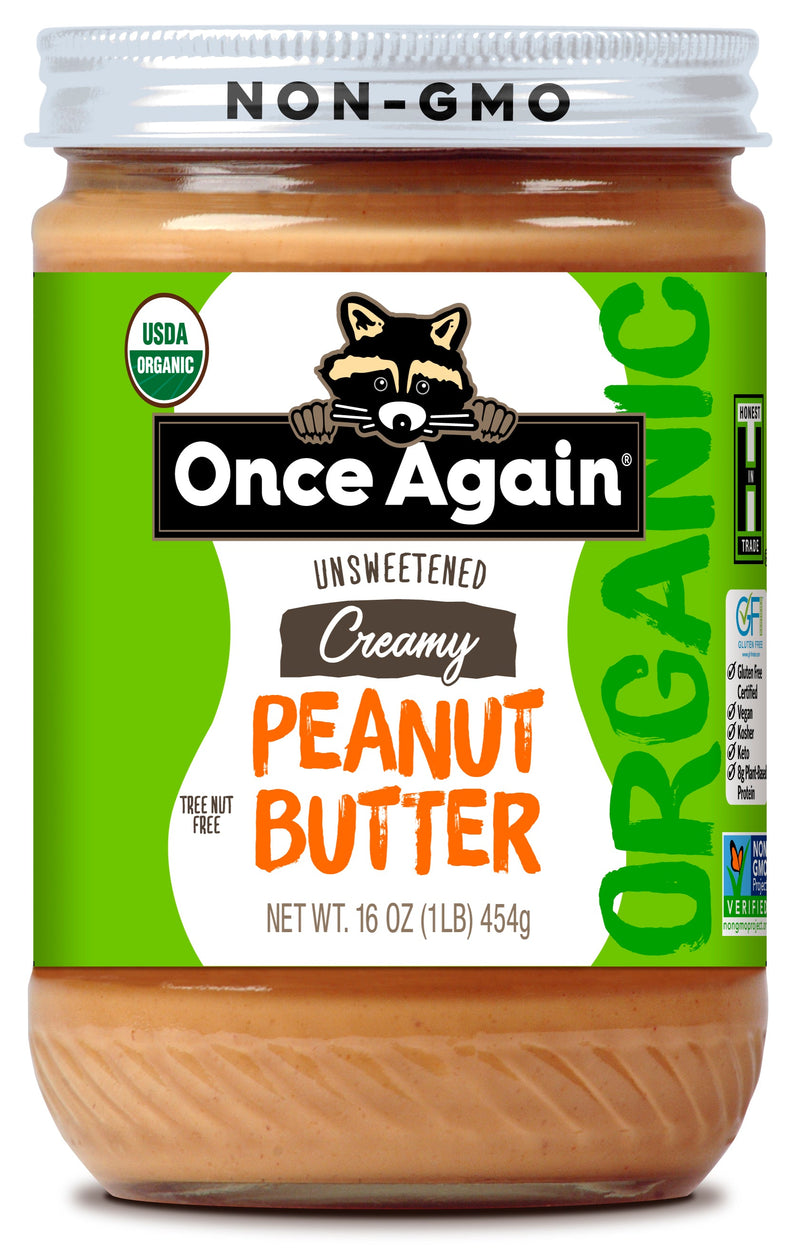 Once Again Peanut Butter 16oz Glass Jar / Each Organic Creamy Peanut Butter - Lightly Salted, Unsweetened - 16 oz