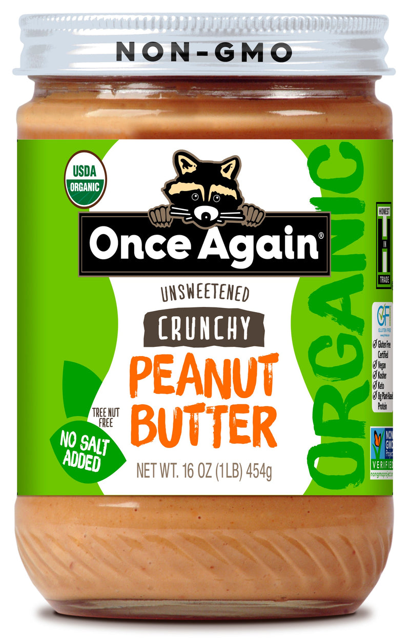 Once Again Peanut Butter 16oz Glass Jar / Each Organic Crunchy Peanut Butter - Salt Free, Unsweetened - 16 oz