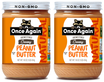 Once Again peanut butter 16oz Glass Jar / Pack of 2 Natural Creamy Peanut Butter - Lightly Salted, Unsweetened - 16 oz