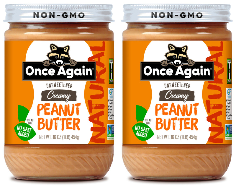 Once Again peanut butter 16oz Glass Jar / Pack of 2 Natural Creamy Peanut Butter - Salt Free, Unsweetened - 16 oz
