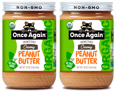 Once Again peanut butter 16oz Glass Jar / Pack of 2 Organic Creamy Peanut Butter - Salt Free, Unsweetened - 16 oz