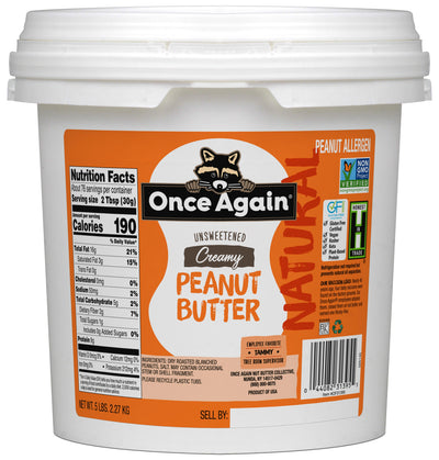 Once Again Peanut Butter 5 lbs Bucket / Each Natural Creamy Peanut Butter - Lightly Salted, Unsweetened - 5 lbs Pantry Pack Bucket