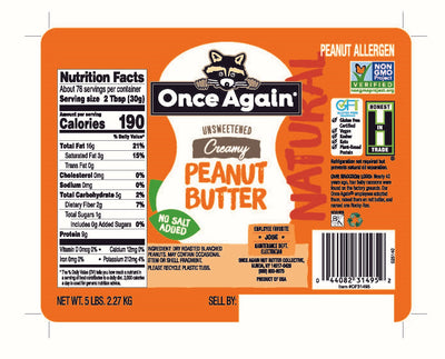 Once Again Peanut Butter 5 lbs Bucket / Each Natural Creamy Peanut Butter - Salt Free, Unsweetened - 5 lbs Pantry Pack Bucket