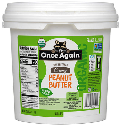 Once Again Peanut Butter 5 lbs Bucket / Each Organic Creamy Peanut Butter - Salt Free, Unsweetened - 5 lbs Pantry Pack Bucket