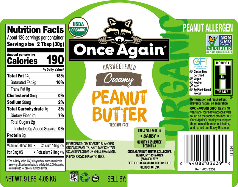 Once Again Peanut Butter 9 lbs Bucket / Each Organic Creamy Peanut Butter - Lightly Salted, Unsweetened - 9 lbs