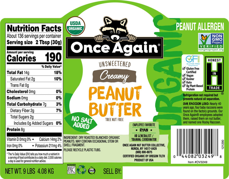 Once Again Peanut Butter 9 lbs Bucket / Each Organic Creamy Peanut Butter - Salt Free, Unsweetened - 9 lbs Bucket