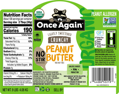 Once Again Peanut Butter 9 lbs Bucket / Each Organic Crunchy Peanut Butter - American Classic, No Stir - Lightly Sweetened & Salted - 9 lbs