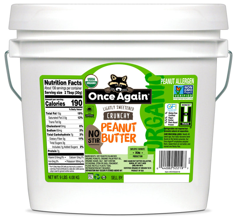 Once Again Peanut Butter 9 lbs Bucket / Each Organic Crunchy Peanut Butter - American Classic, No Stir - Lightly Sweetened & Salted - 9 lbs