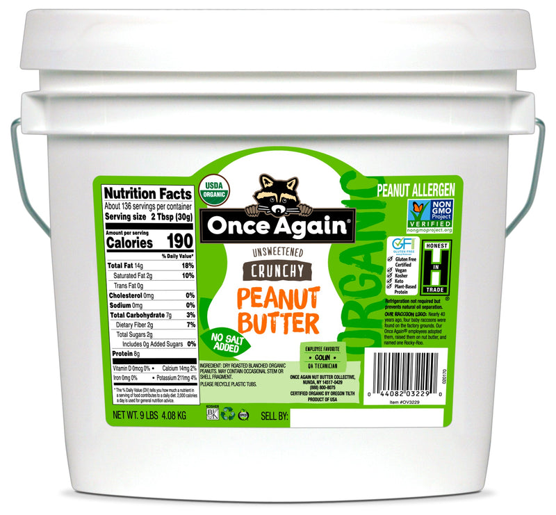 Once Again Peanut Butter 9 lbs Bucket / Each Organic Crunchy Peanut Butter - Salt Free, Unsweetened - 9 lbs Bucket