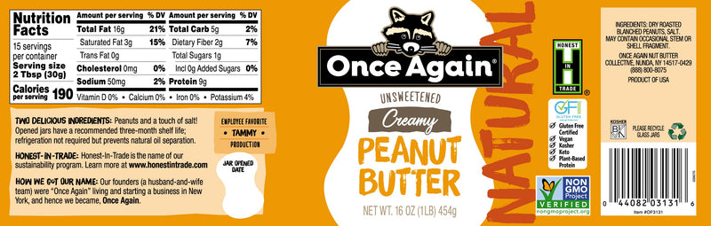 Once Again peanut butter Natural Creamy Peanut Butter - Lightly Salted, Unsweetened - 16 oz