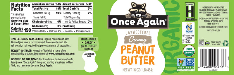 Once Again Peanut Butter Organic Creamy Peanut Butter - Lightly Salted, Unsweetened - 16 oz