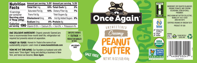 Once Again peanut butter Organic Creamy Peanut Butter - Salt Free, Unsweetened - 16 oz