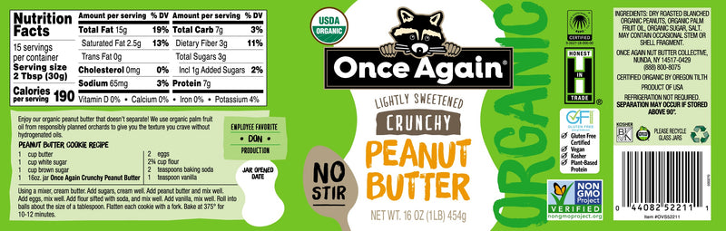 Once Again Peanut Butter Organic Crunchy Peanut Butter - American Classic, No Stir - Lightly Sweetened & Salted - 16 oz