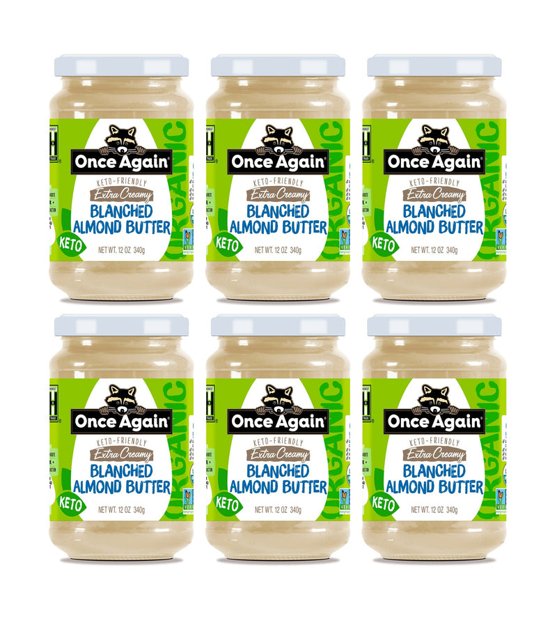 Once Again Stocked 12oz Glass Jar / Case of 6 Organic Extra Creamy Blanched Almond Butter - Salt Free, Unsweetened - 12 oz