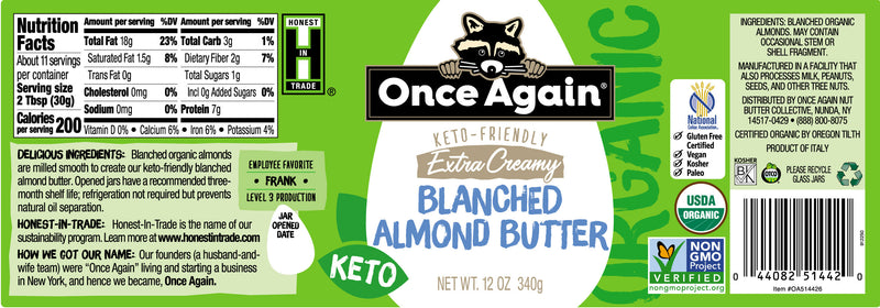 Once Again Stocked Organic Extra Creamy Blanched Almond Butter - Salt Free, Unsweetened - 12 oz