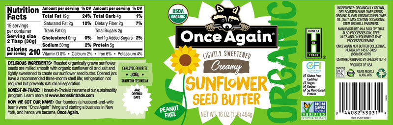 Once Again Sunflower Butter Organic Sunflower Butter - Lightly Salted & Sweetened - Peanut Free - 16 oz