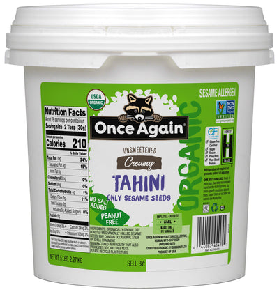 Once Again Tahini 5 lbs Bucket / Each Organic Sesame Tahini - Salt Free, Unsweetened - 5 lbs Pantry Pack Bucket