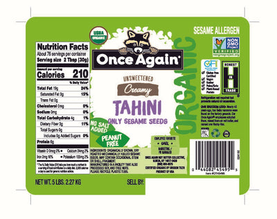 Once Again Tahini 5 lbs Bucket / Each Organic Sesame Tahini - Salt Free, Unsweetened - 5 lbs Pantry Pack Bucket
