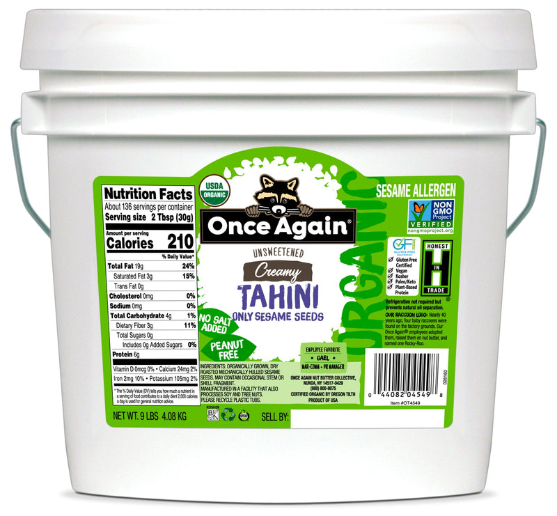 Once Again Tahini 9 lbs Bucket / Each Organic Sesame Tahini - Salt Free, Unsweetened - 9 lbs