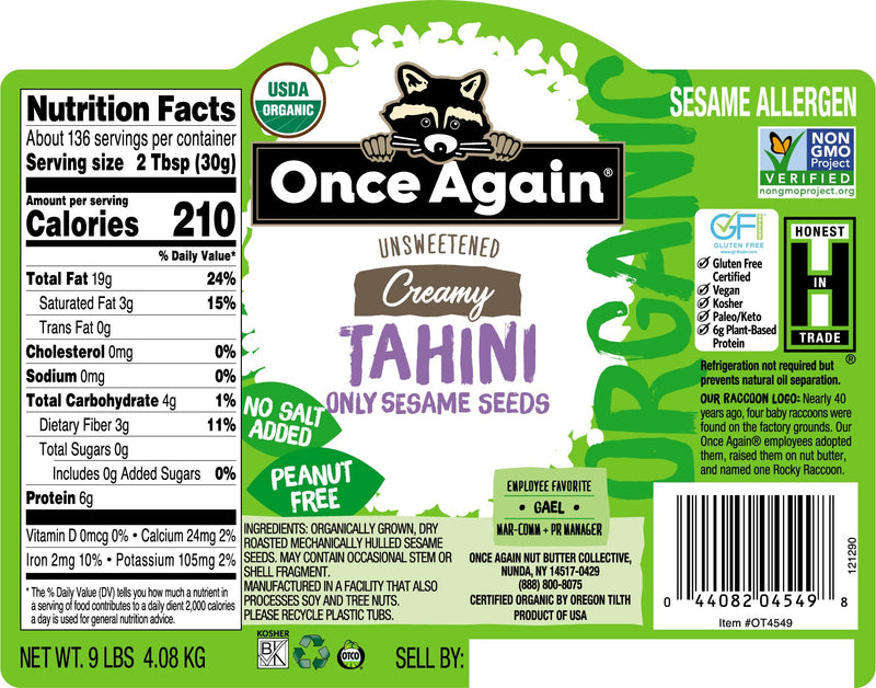 Once Again Tahini 9 lbs Bucket / Each Organic Sesame Tahini - Salt Free, Unsweetened - 9 lbs