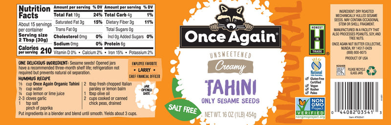 Once Again Tahini Natural Sesame Tahini - Salt Free, Unsweetened - 16 oz